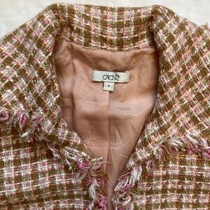 Cache Pink and Tan Tweed Fringed Blazer